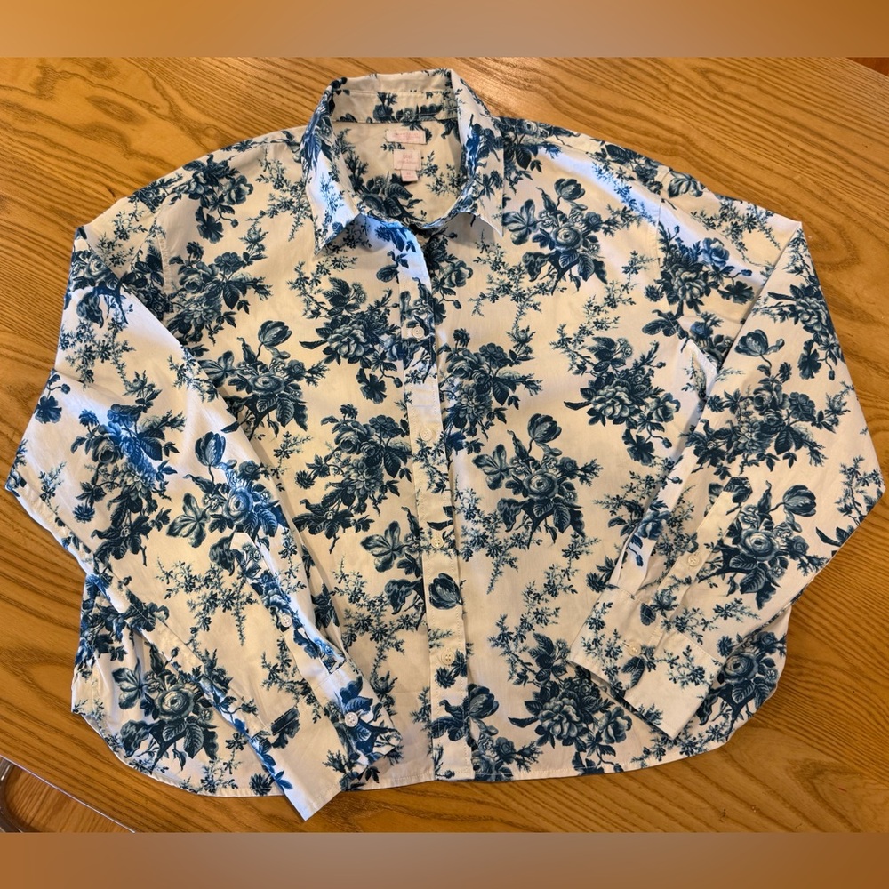 GAP x Love Shack Fancy Blue Floral Print Cropped Shirt